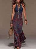 Vestido maxi de encaje retro con cuello halter, estampado floral y cola de pez