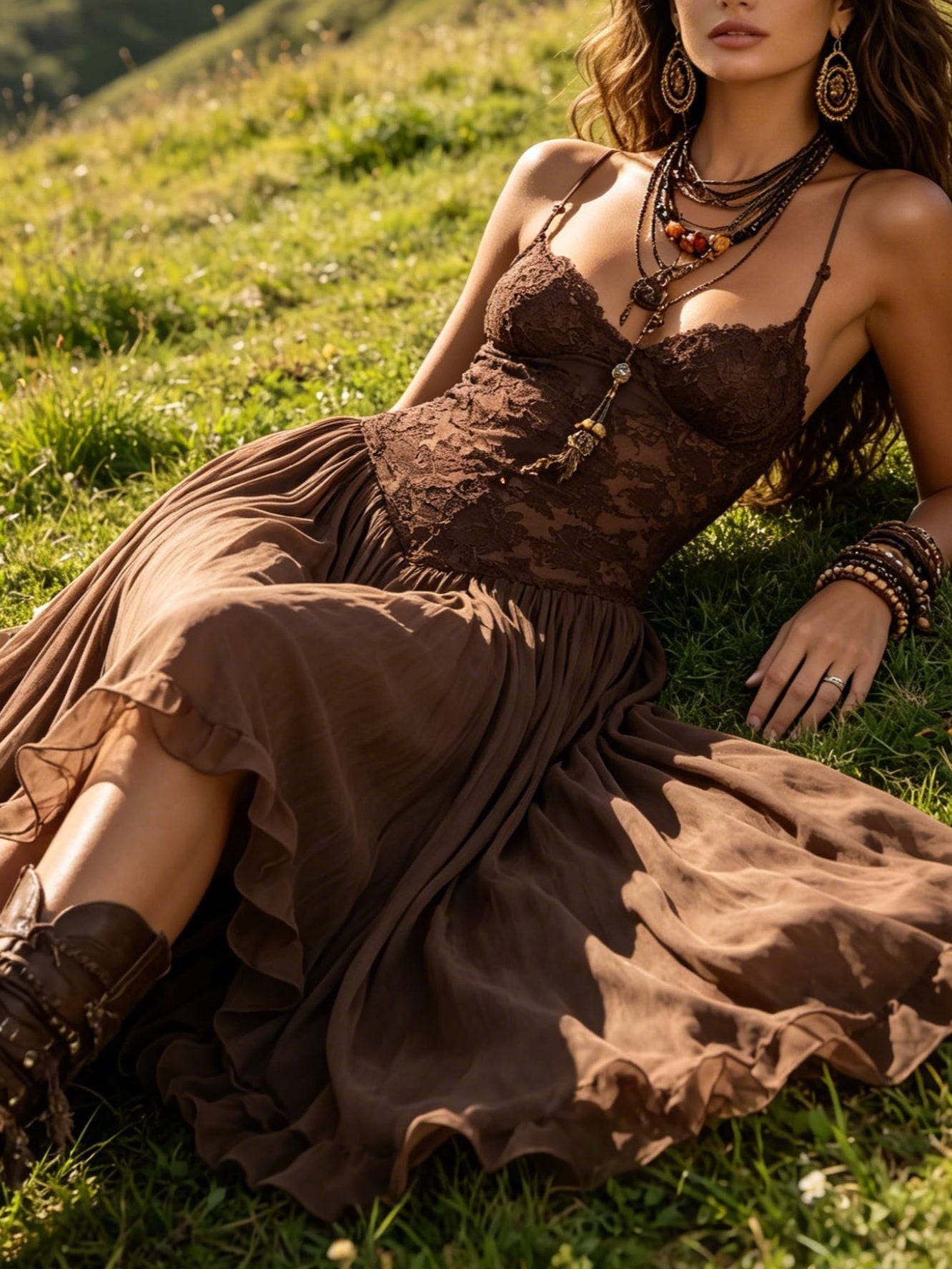 Vestido maxi de chifón con paneles de encaje de color marrón oscuro