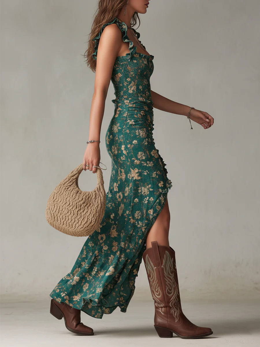 Vestido maxi verde estampado bohemio con mangas volantes