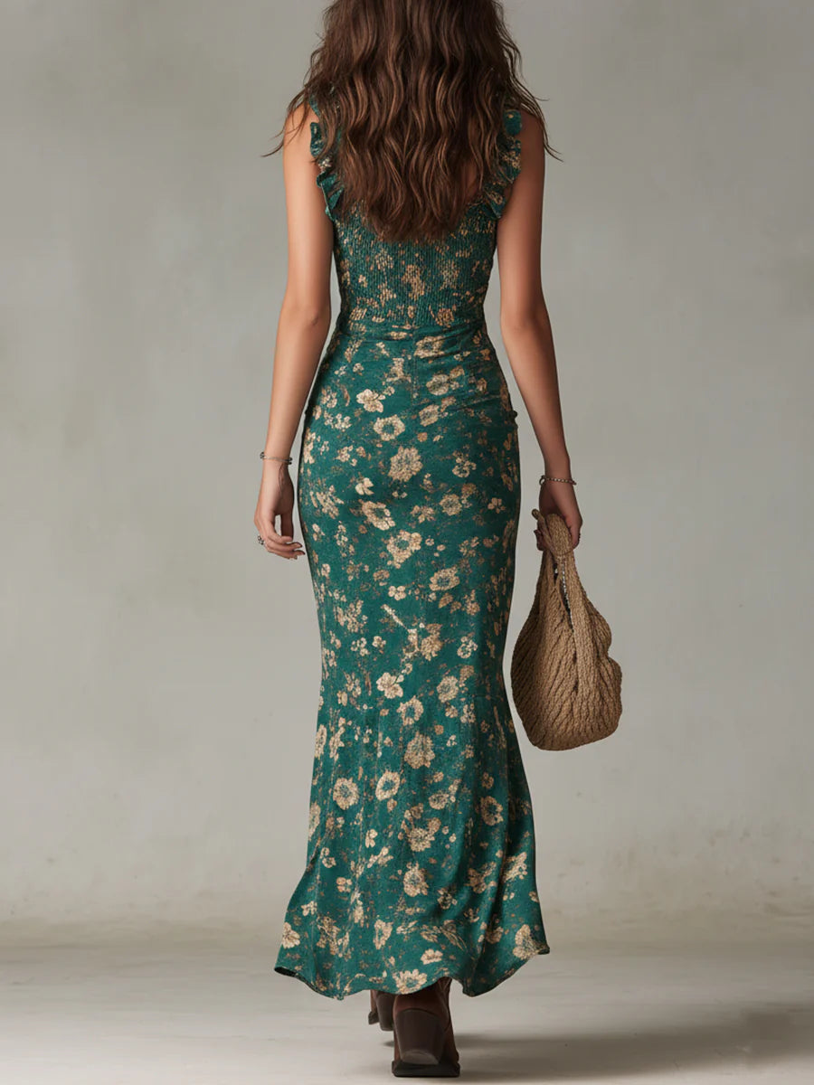 Vestido maxi verde estampado bohemio con mangas volantes