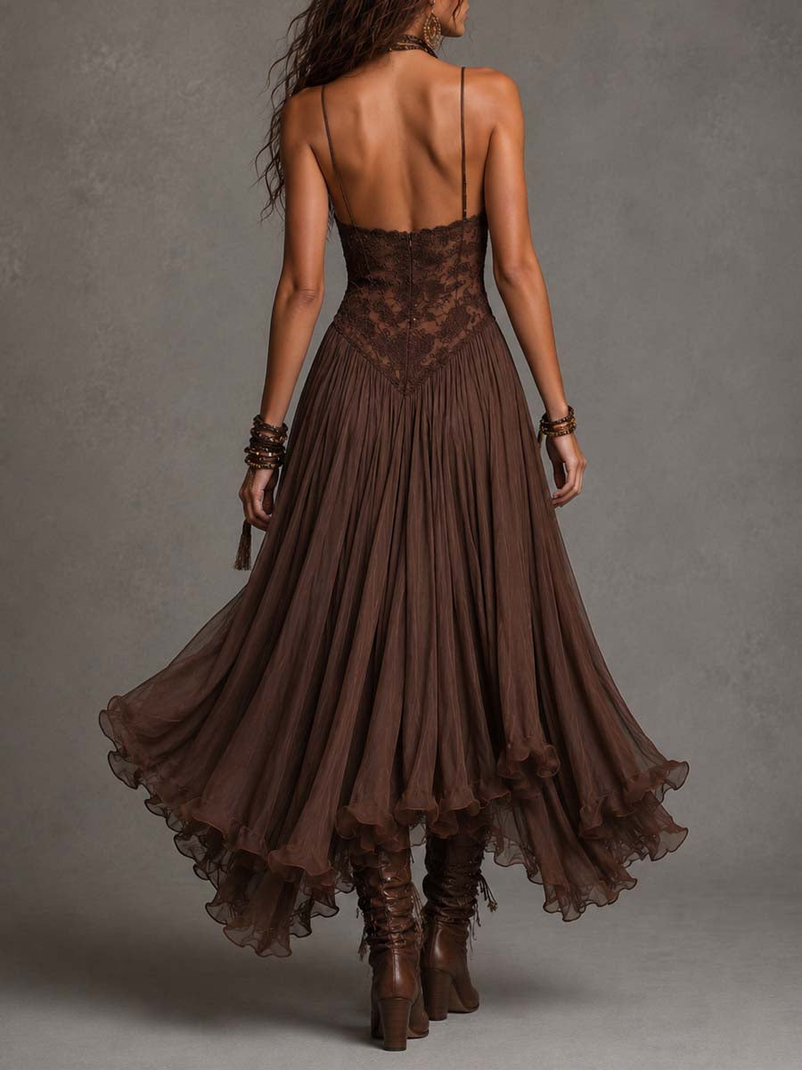 Vestido maxi de chifón con paneles de encaje de color marrón oscuro