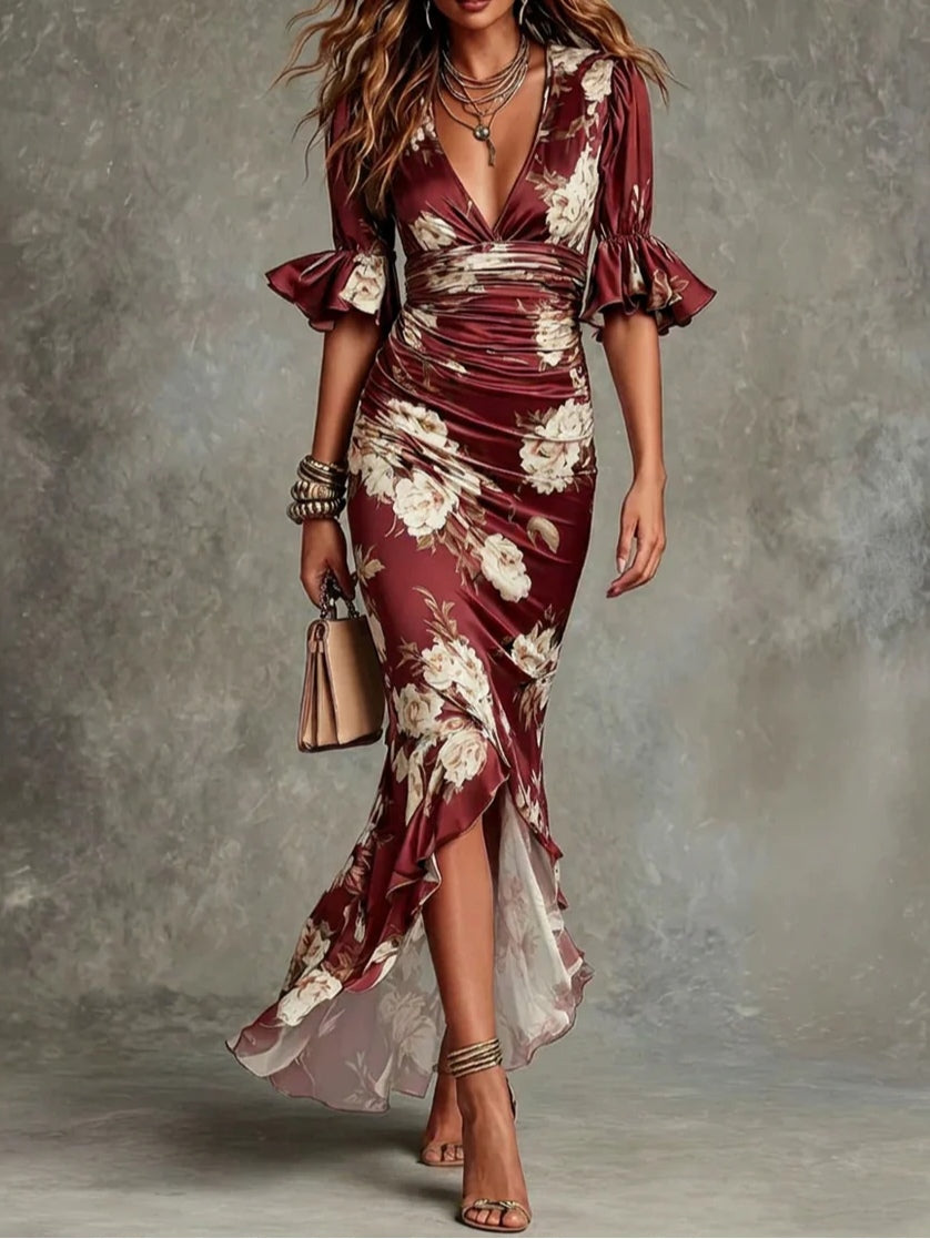 Vestido maxi asimétrico de satén verde con estampado floral y mangas campana con volantes, escote en V.