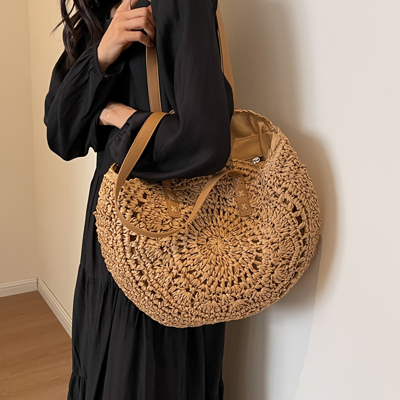 Lola Bolso Redondo de Paja con Motivo - Coñac