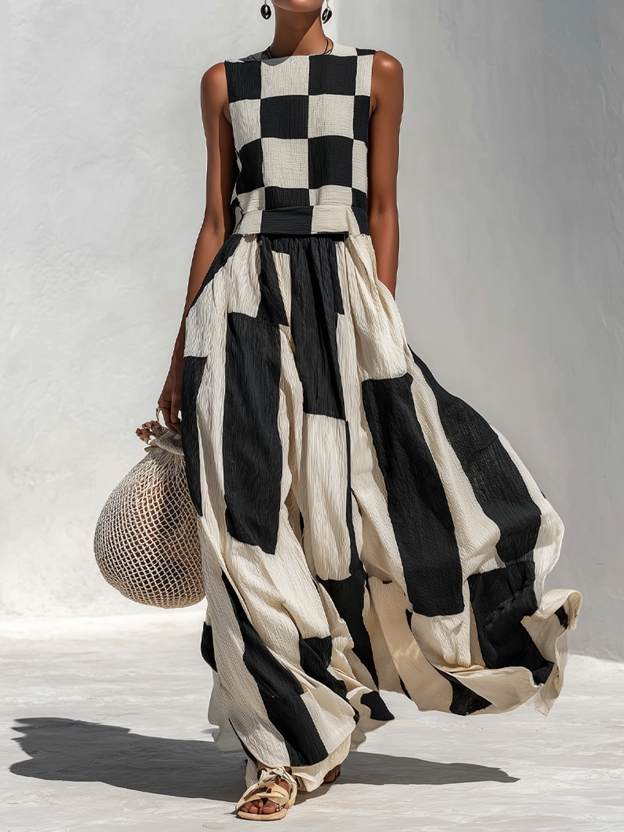 Vestido maxi sin mangas con estampado de cuadros y rayas