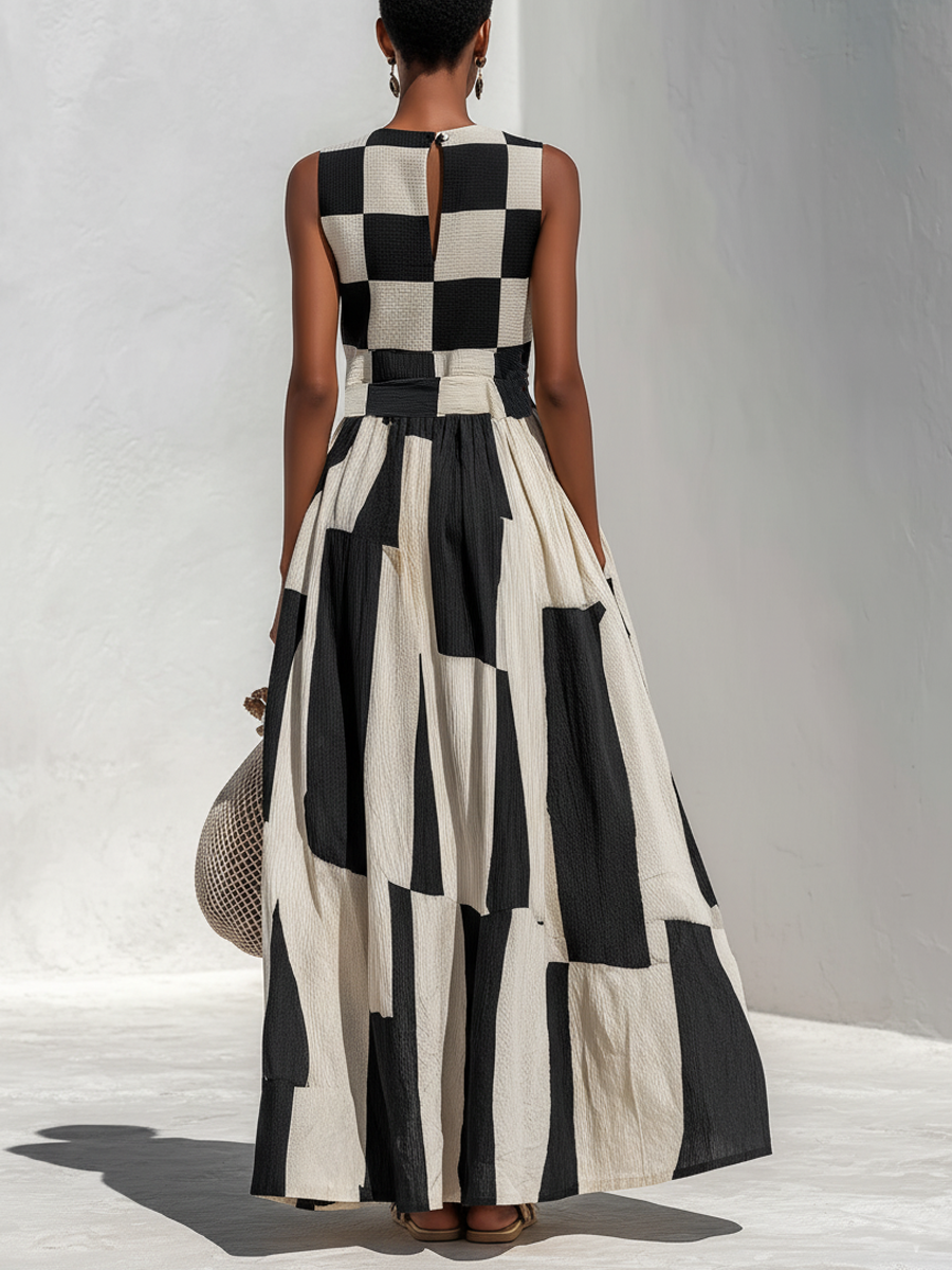 Vestido maxi sin mangas con estampado de cuadros y rayas