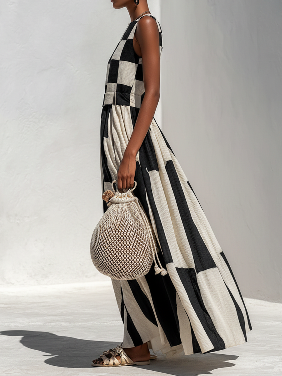 Vestido maxi sin mangas con estampado de cuadros y rayas
