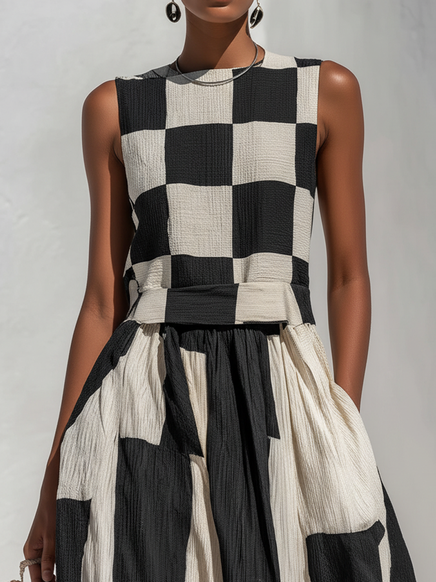 Vestido maxi sin mangas con estampado de cuadros y rayas