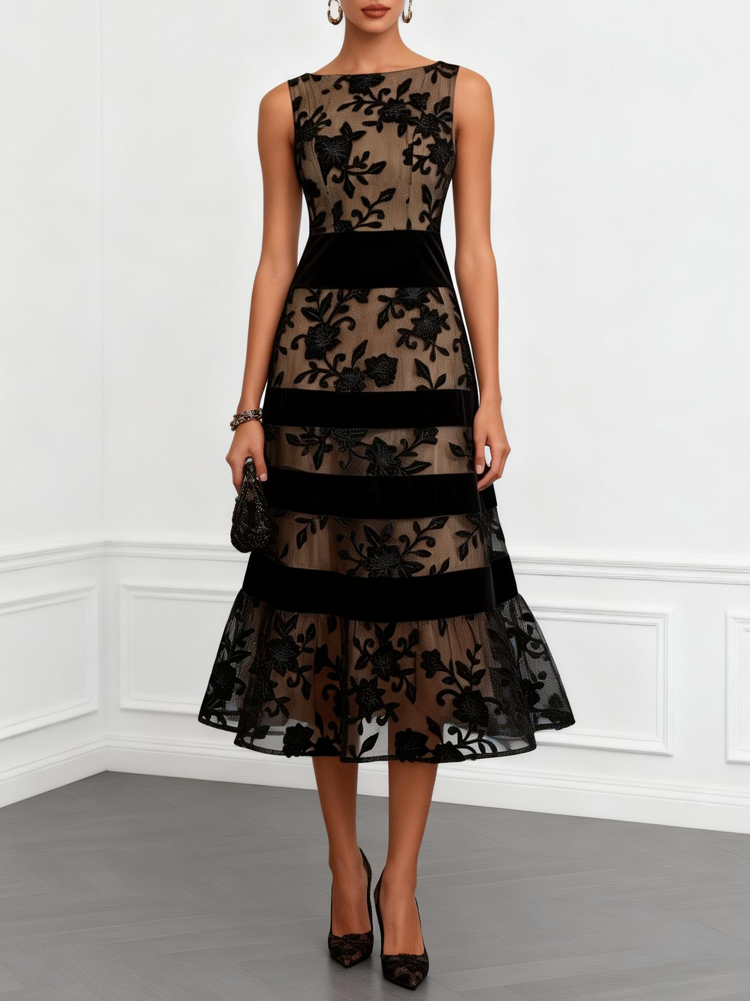 Vestido midi negro de malla con estampado floral, sin mangas, de silueta en A.