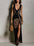 Vestido estampado de estilo bohemio con escote en V profundo y abertura alta