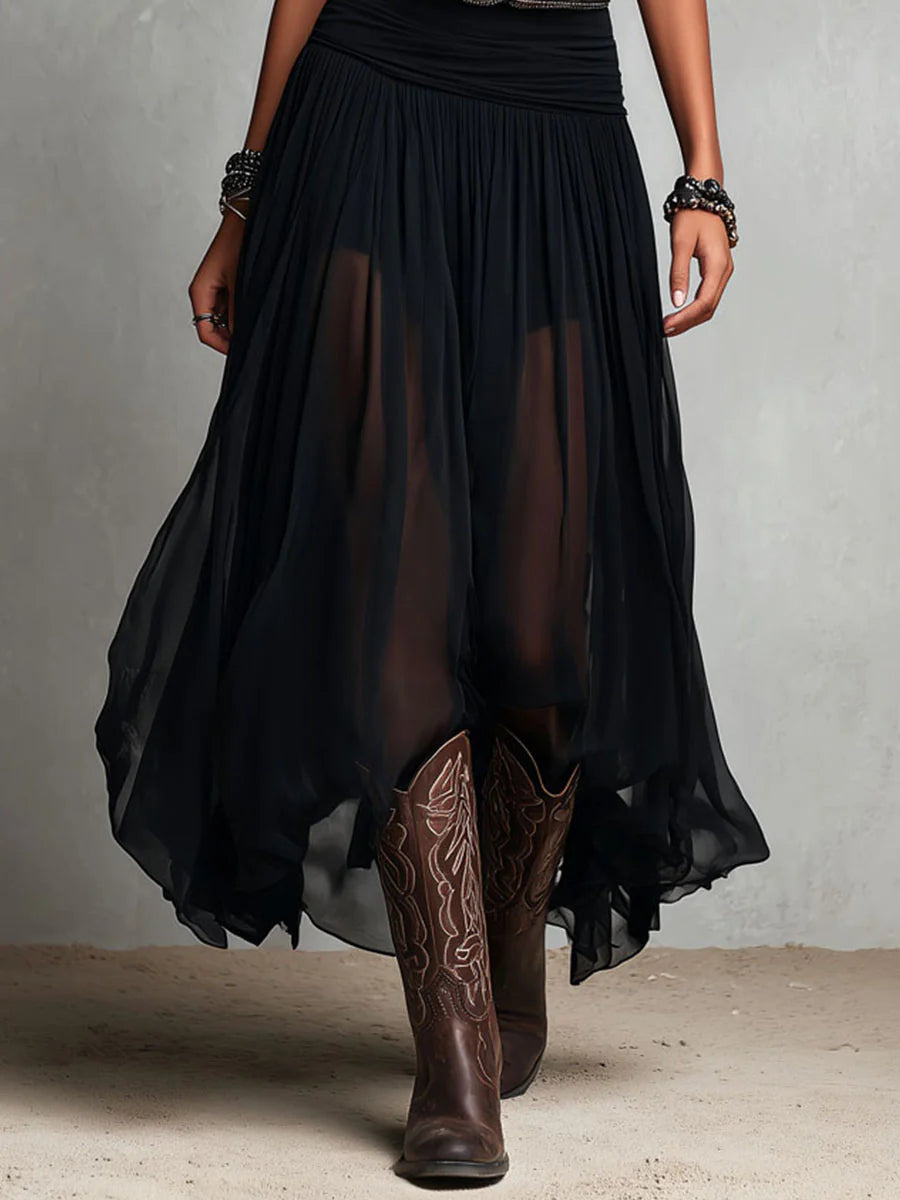 Vestido maxi negro con top sin mangas y falda de tul (con cinturón)