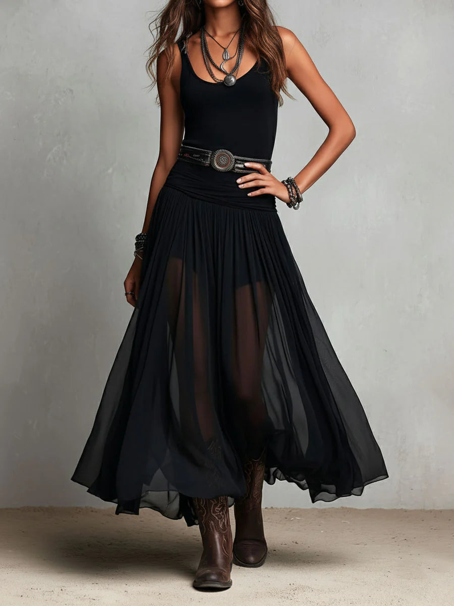 Vestido maxi negro con top sin mangas y falda de tul (con cinturón)