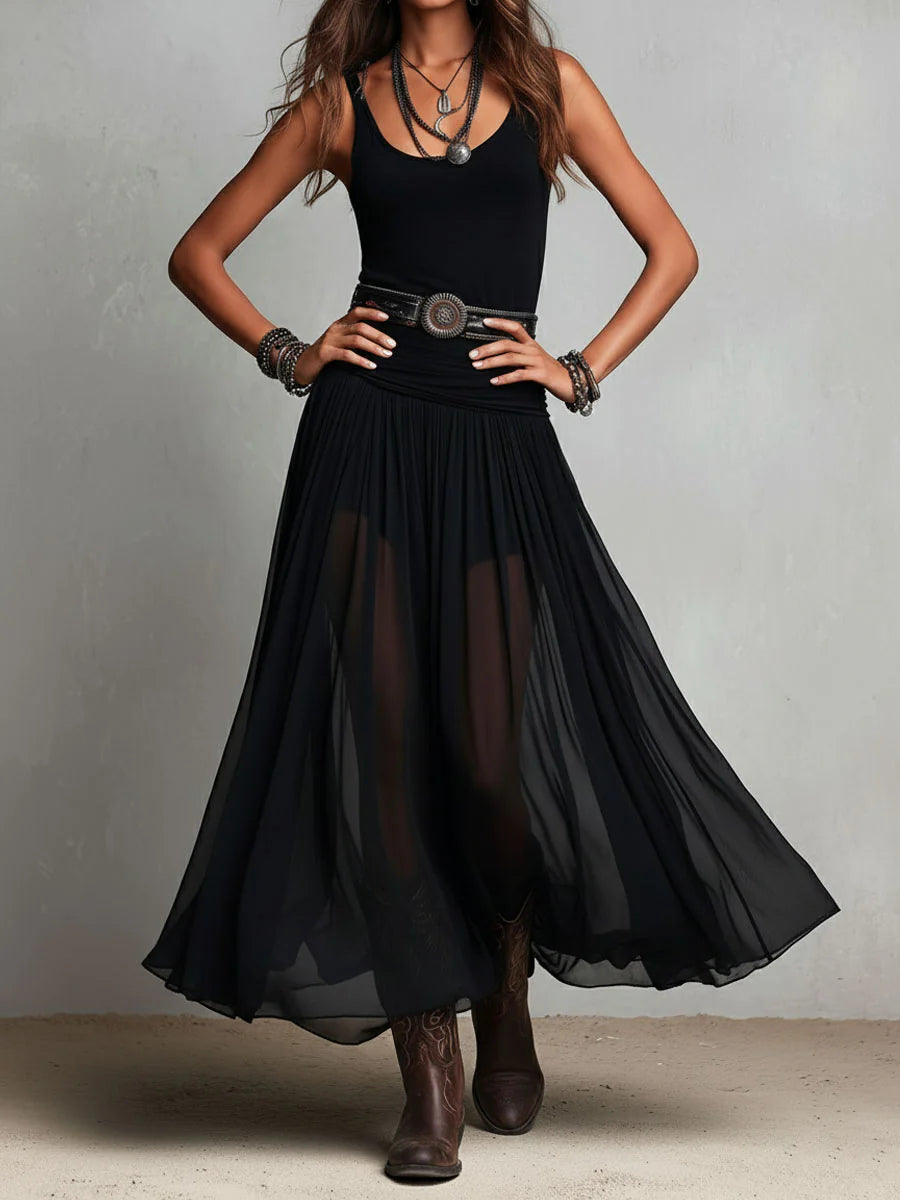 Vestido maxi negro con top sin mangas y falda de tul (con cinturón)
