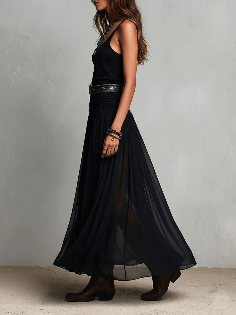Vestido maxi negro con top sin mangas y falda de tul (con cinturón)