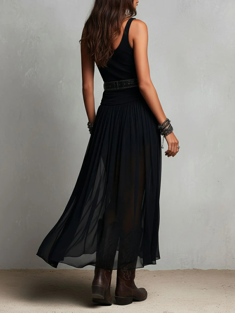Vestido maxi negro con top sin mangas y falda de tul (con cinturón)