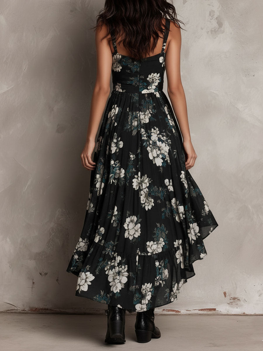 Vestido maxi negro sin tirantes con estampado floral bohemio y dobladillo irregular