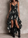 Vestido maxi negro sin tirantes con estampado floral bohemio y dobladillo irregular