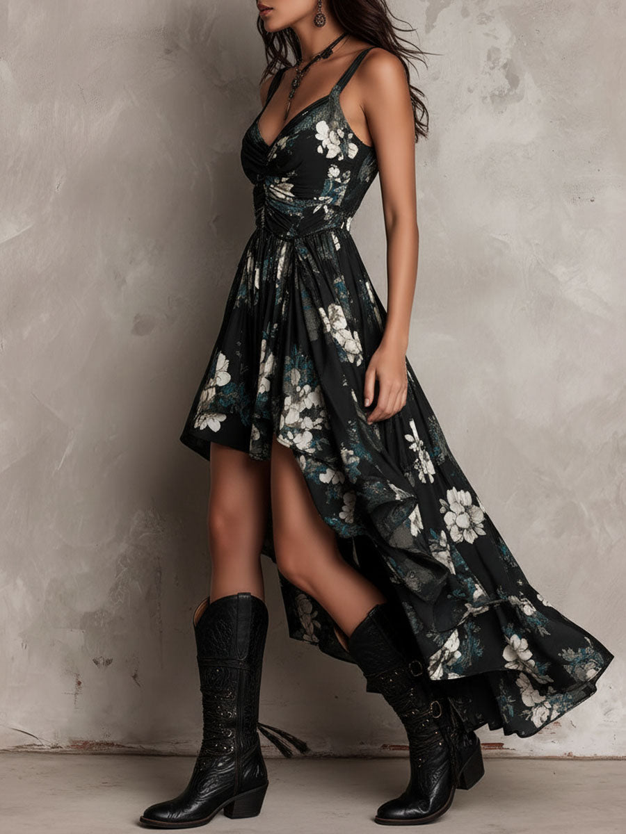 Vestido maxi negro sin tirantes con estampado floral bohemio y dobladillo irregular