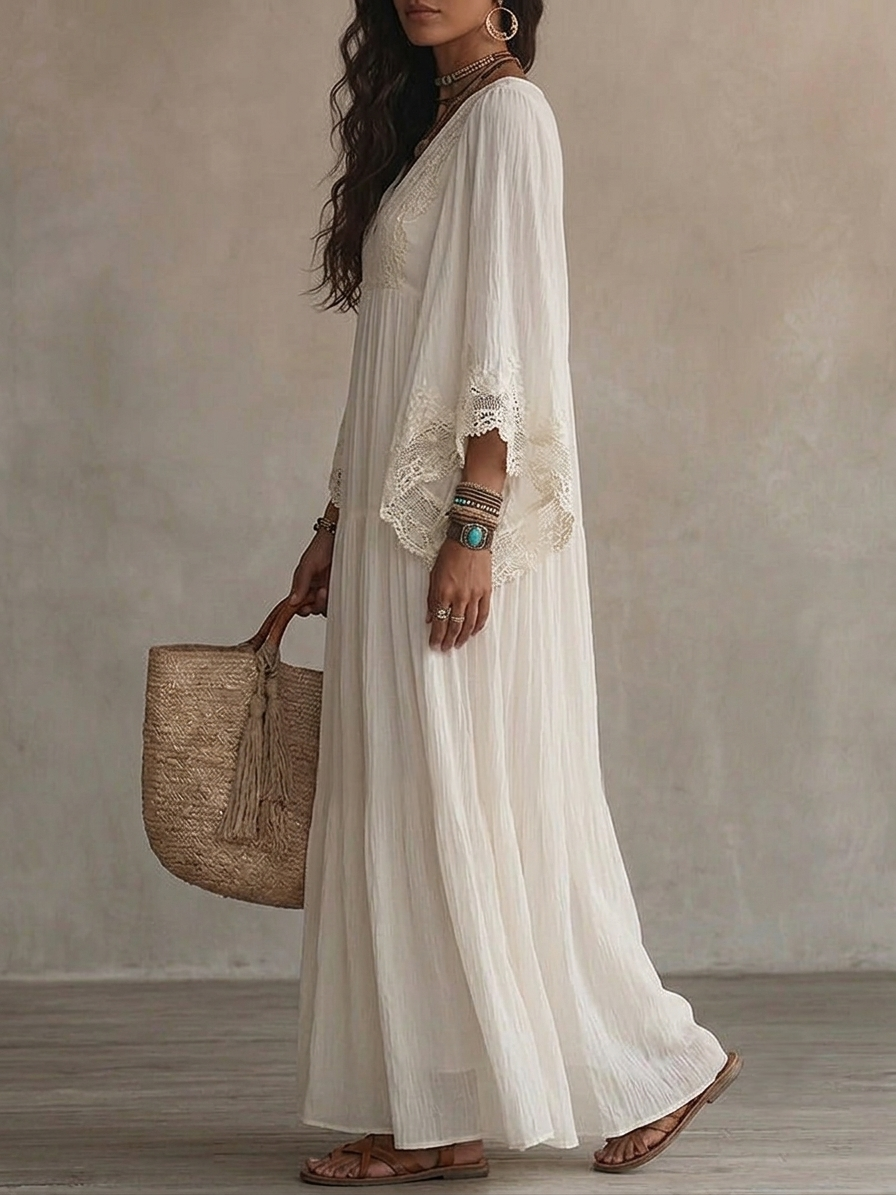 Vestido maxi de encaje blanco con escote en V y mangas murciélago de chifón