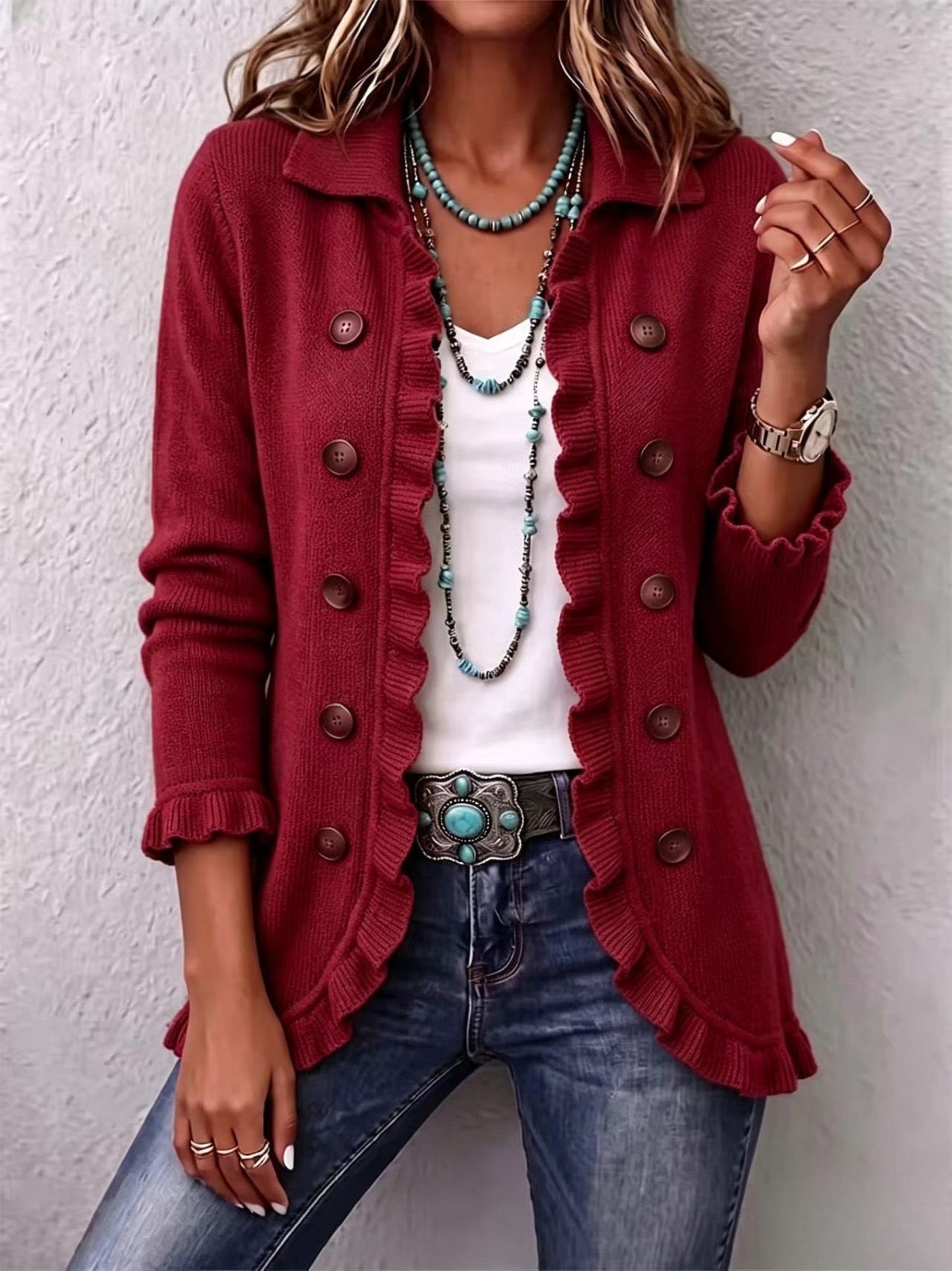 ROSALIA | CARDIGAN IN MAGLIA ROSSO RUBINO CON VOLANT