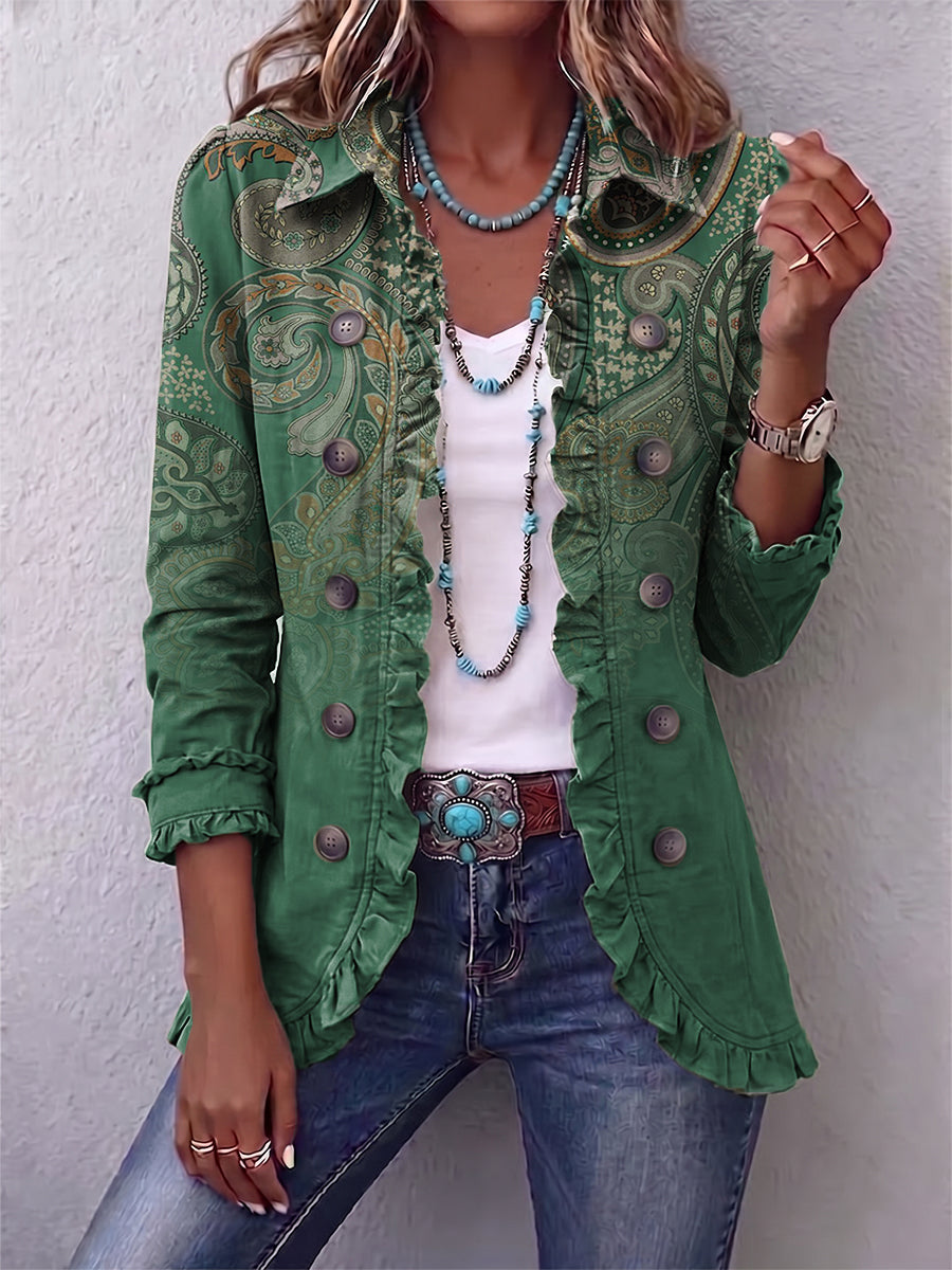 GIULIANA | GIACCA STAMPA CASHMERE VERDE CON VOLANT