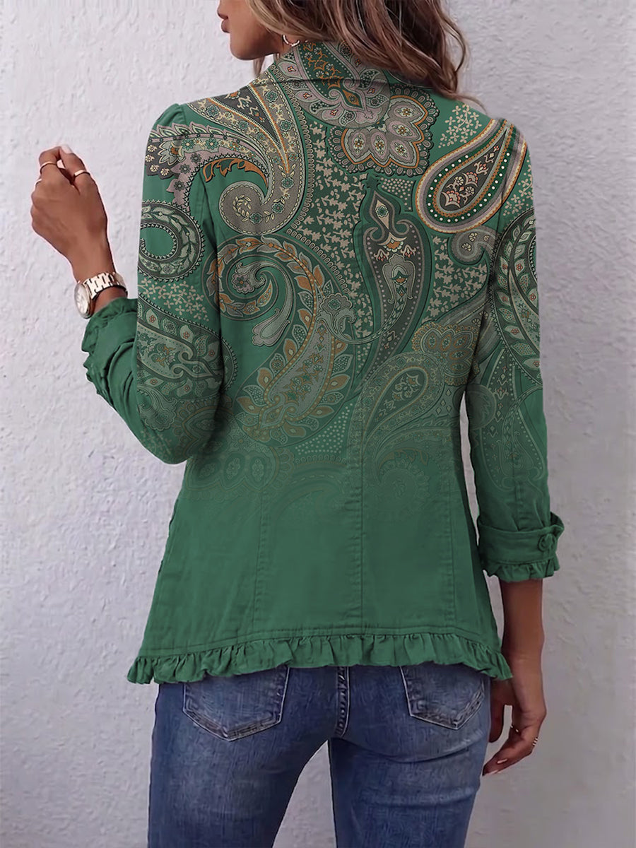 GIULIANA | GIACCA STAMPA CASHMERE VERDE CON VOLANT