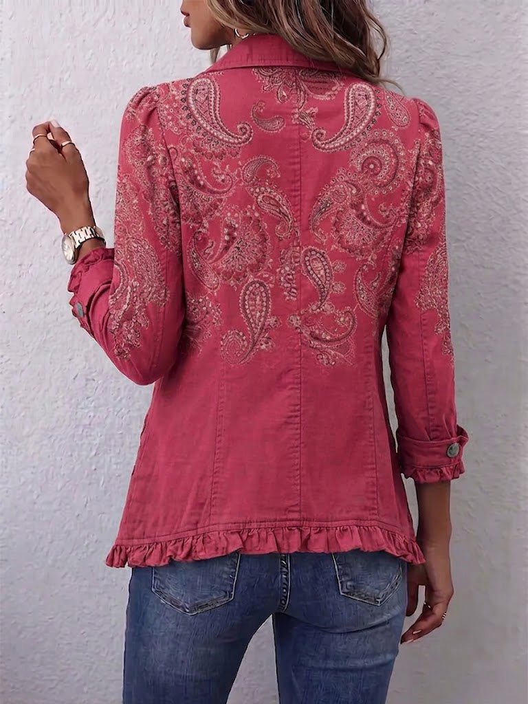 AURORA | GIACCA STAMPA CASHMERE ROSA CON VOLANT