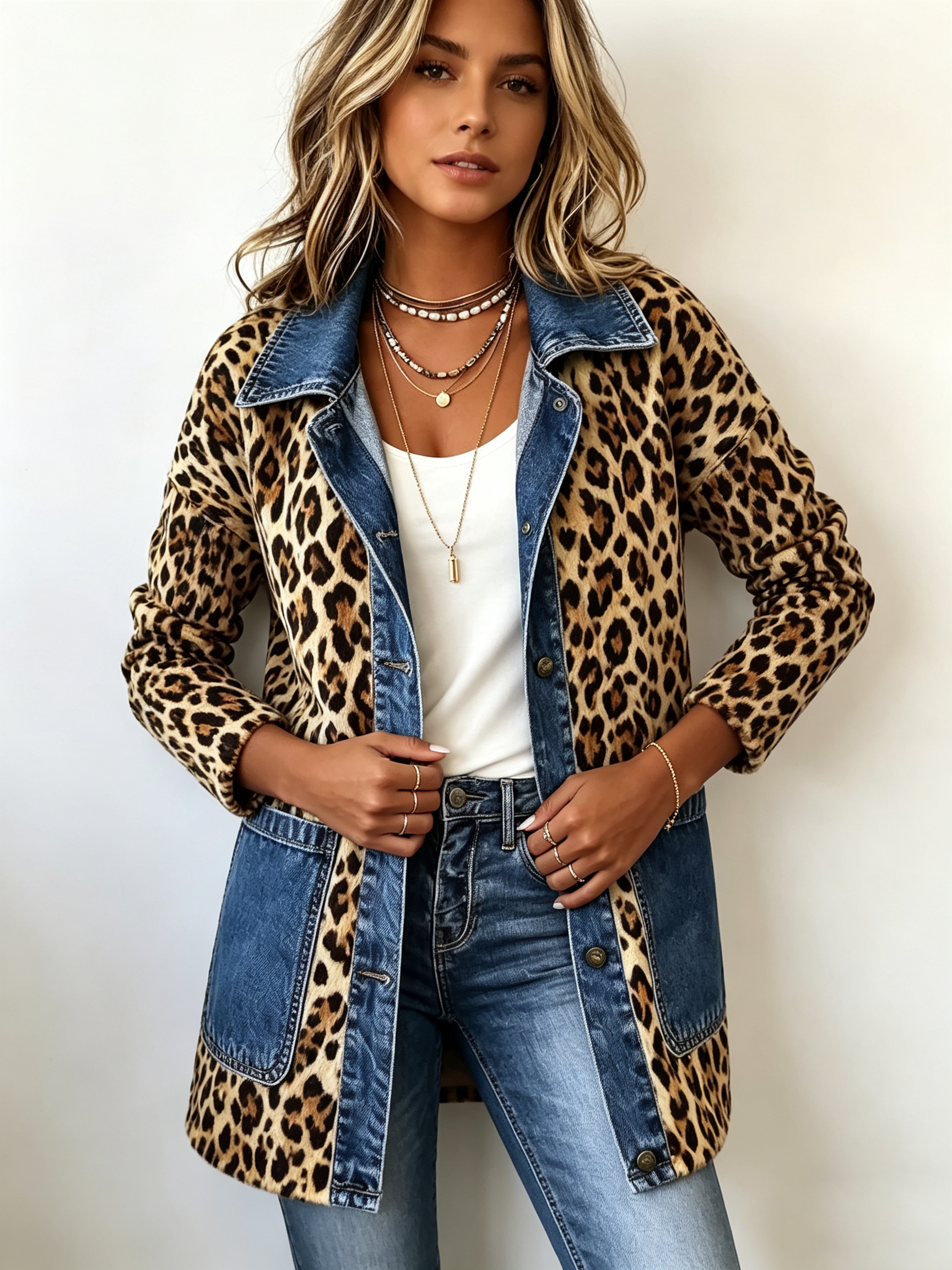 LORENA | GIACCA LUNGA LEOPARDATA CON DENIM