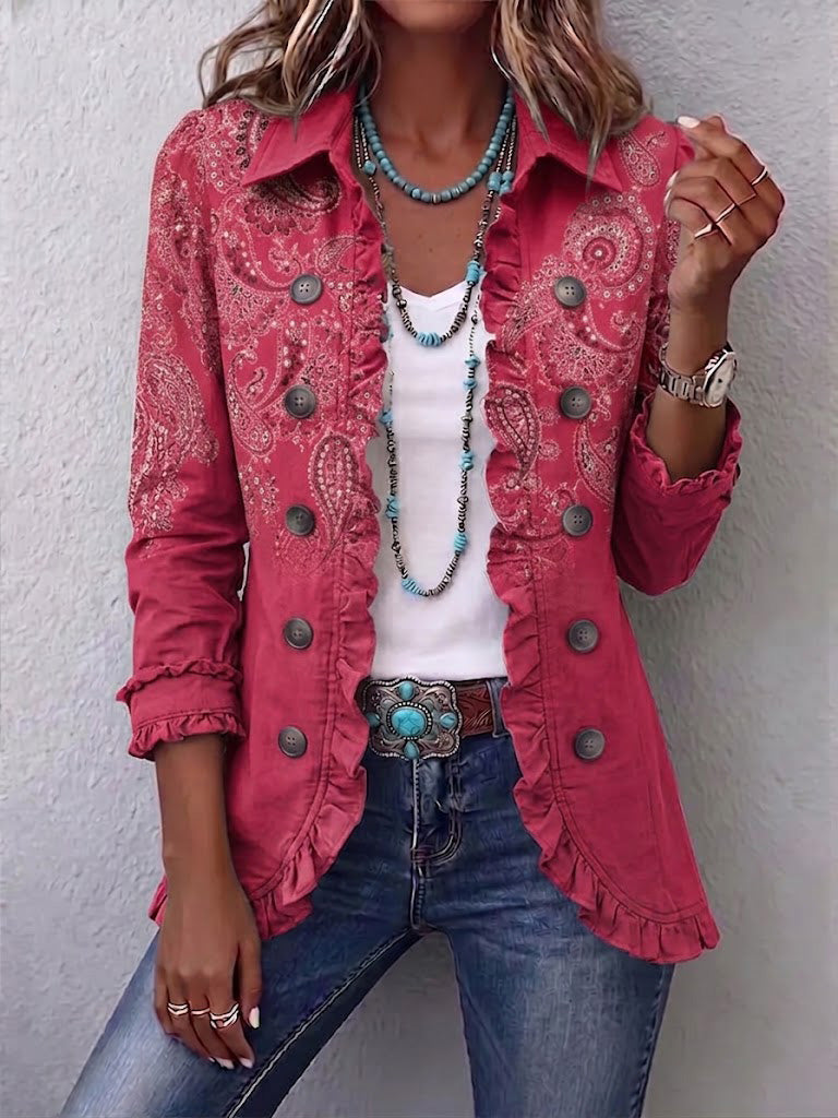 AURORA | GIACCA STAMPA CASHMERE ROSA CON VOLANT